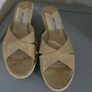 Jimmy Choo nude patent leather espadrilles wedge